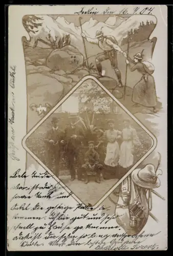 Foto-AK Zwei Paare mit einem Knaben, Passepartout, Bergsteigendes Paar