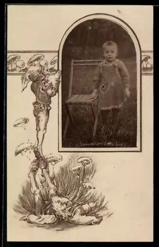 Foto-AK Knabe im Garten, Passepartout, Zwerge, Pilze