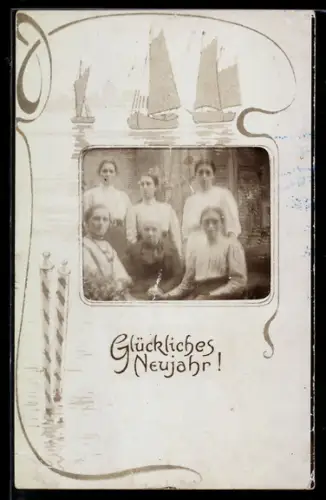 Foto-AK Damengruppe vor einem Fenster, Passepartout, Segelschiffe, Neujahrsgruss