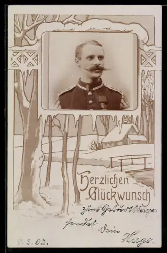 Foto-AK Soldat mit Zwirbelschnauzer, Eiszapfen-Passepartout, Schnee-Idylle