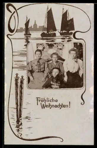 Foto-AK Damengruppe mit Knabe, Passepartout, Segelschiffe, Weihnachtsgruss