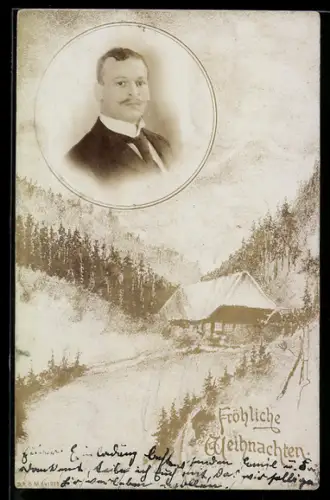 Foto-AK Herr mit Krawatte, Passepartout, Schneeidylle mit Haus, Weihnachtsgruss