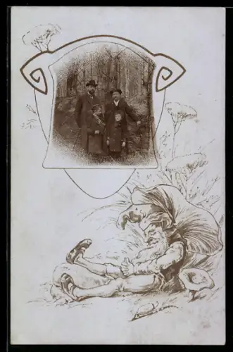 Foto-AK Zwei Herren u. zwei kleine Mädchen im Grünen, Ornament-Passepartout, Schlafender Zwerg