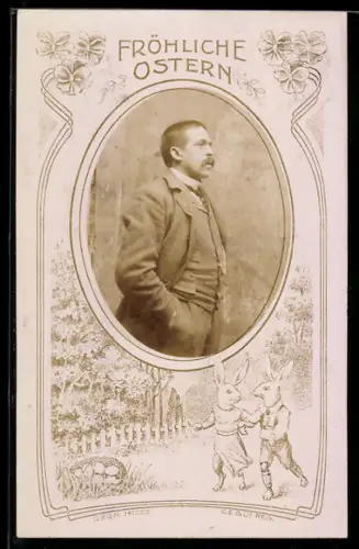 Foto-AK Herr mit Händen in Hosentaschen, Eier-Passepartout, Osterhasenpaar, Ostergruss