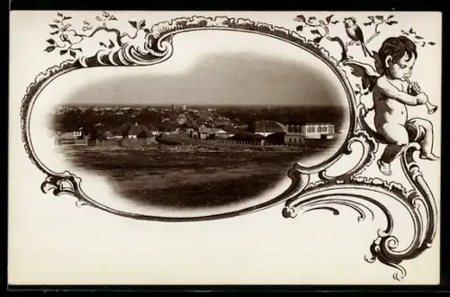 Foto-AK Stadtansicht, Englein mit Flöte, Passepartout