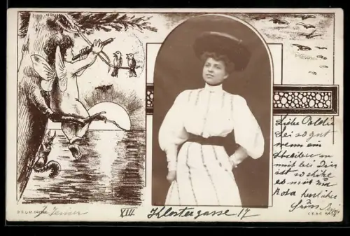 Foto-AK Junge Frau im weissen Kleid, Englein mit Flöte auf Baum, Passepartout