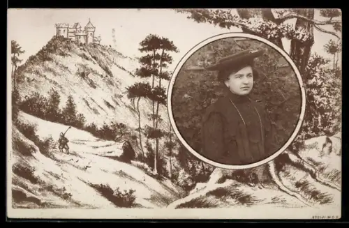 Foto-AK Junge Frau im Kleid mit Hut, Burg und Wanderer, Passepartout