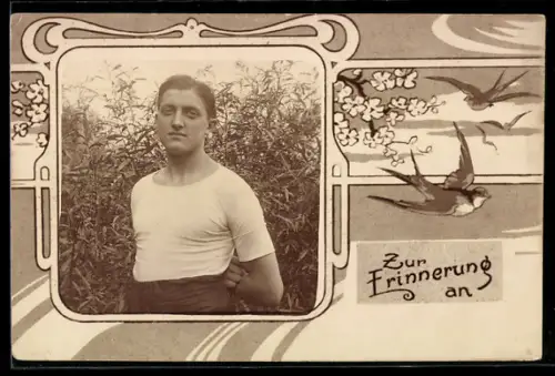 Foto-AK Junge Mann im weissen T-Shirt, Schwalben an blühendem Zweig, Passepartout