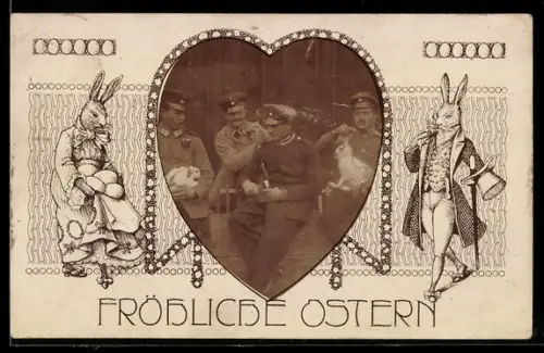 Foto-AK Soldaten in Uniform mit Osterhasen, Häsin mit Ostereiern, Ostergruss, Passepartout