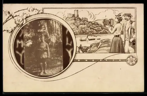 Foto-AK Soldat in Uniform, Paar fotografiert Burg, Passepartout