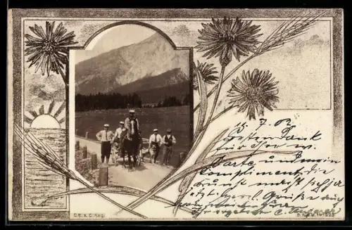 Foto-AK Studenten mit Pferdegespann, Löwenzahn, Passepartout