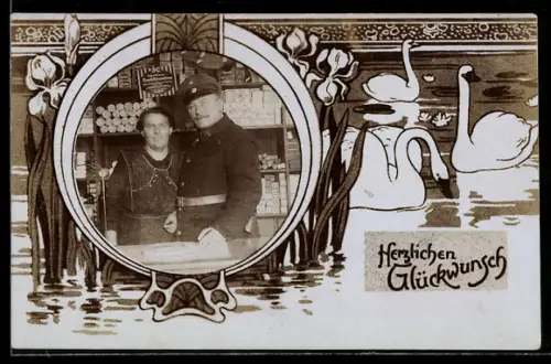 Foto-AK Soldat mit Frau im Lebensmittelgeschäft, Schwäne auf dem Wasser, Glückwunsch, Passepartout