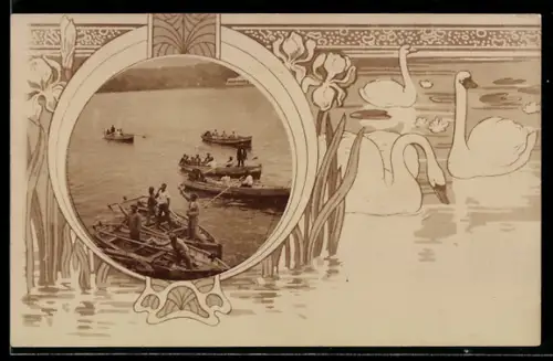 Foto-AK Junge Männer in Booten, Schwäne auf dem Wasser, Passepartout