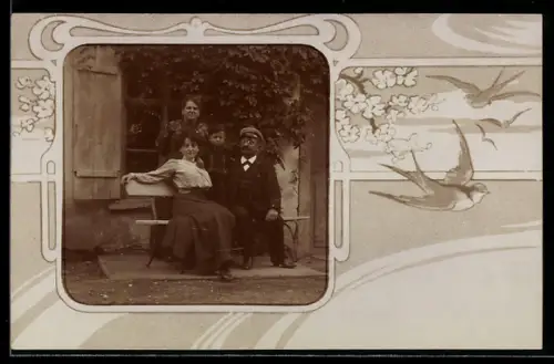 Foto-AK Student mit Frauen und Jungen, Schwalben an Blütenzweig, Passepartout