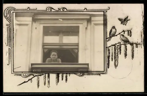 Foto-AK Junge Frau am Fenster, Vögel an Zweigen, Passepartout