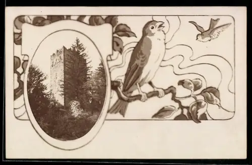 Foto-AK Turm, Vögel am Zweig, Passepartout