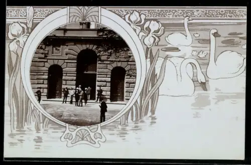 Foto-AK Junge Leute auf der Strasse, Schwäne auf dem Wasser, Passepartout