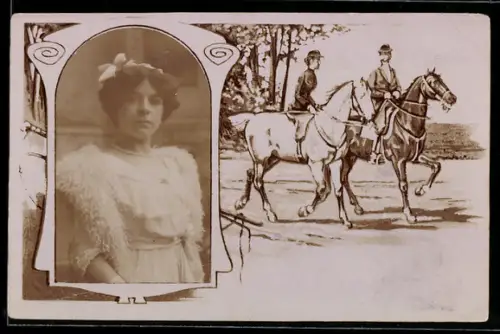 Foto-AK Junge Frau im weissen Kleid, Paar auf Pferden, Passepartout