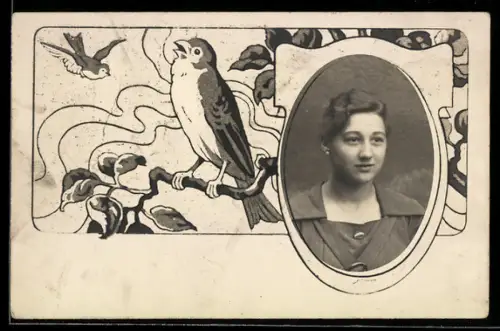 Foto-AK Frauenportrait, Vögel an einem Zweig, Passepartout
