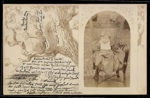 Foto-AK Kleines Kind sitzt auf einem Stuhl, Eichhörnchen auf Baum, Passepartout