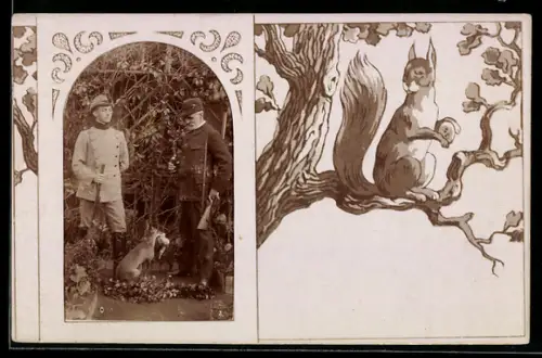 Foto-AK Zwei Jäger mit Gewehr und Fuchs, Eichhörnchen auf Baum, Passepartout