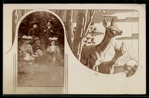 Foto-AK Junge Leute auf einer Wiese, Rehe bei Sonnenschein, Passepartout