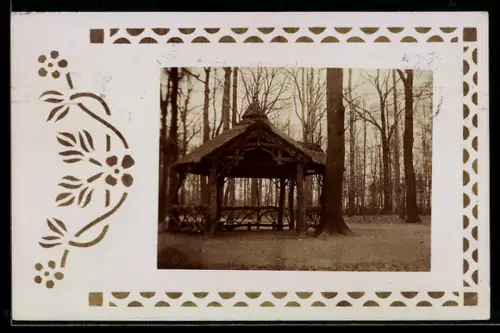 Foto-AK Pavillon im Wald, Ornament, Passepartout