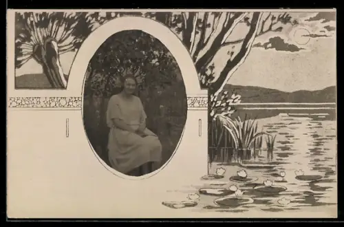 Foto-AK Junge Frau im Kleid, Uferlanschaft, Passepartout