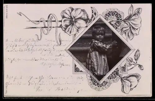 Foto-AK Kleines Kind im gestreiften Kleid, Blumen, Passepartout