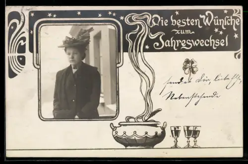 Foto-AK Junge Dame im Mantel, Punsch, Neujahrsgruss, Passepartout