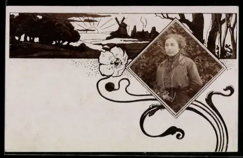 Foto-AK Dame im Freien, Passepartout, Windmühlen-Panorama mit untergehender Sonne, Blume