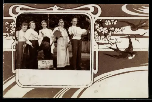Foto-AK Studenten mit Spaten und Rechen, Schwalben an Blütenzweig, Passepartout