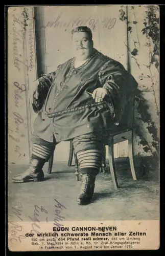 AK Übergewichtiger E. Cannon, genannt Colossus, Der schwerste Mensch aller Zeiten, geb. 7. Mai 1884