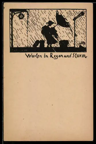 AK Warten in Regen und Sturm, Scherenschnitt