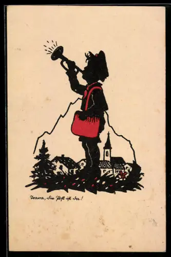 AK Junge mit Posthorn, Hurra, die Post ist da! Scherenschnitt