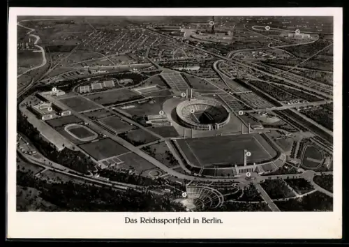 AK Berlin, Reichssportfeld aus der Vogelschau mit Ziffern als Ortsbezeichnungen