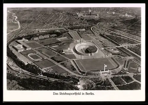AK Berlin, Reichssportfeld aus der Vogelschau mit Ziffern als Ortsbezeichnungen