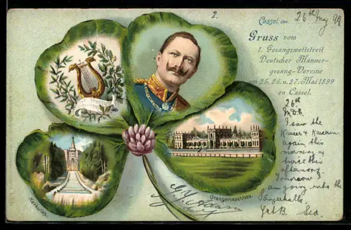 Passepartout-Lithographie Kassel, Portrait v. Kaiser Wilhelm II., Orangerieschloss im Kleeblatt