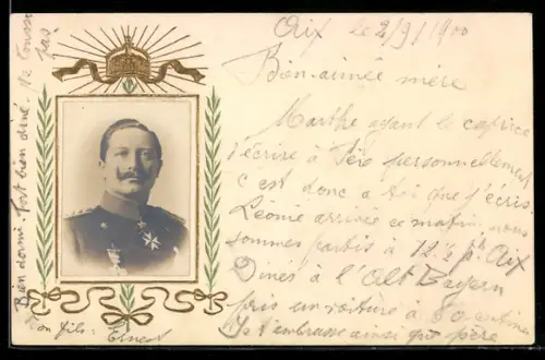AK Kaiser Wilhelm II. in Uniform mit Pour le Merite, Kaiserkrone