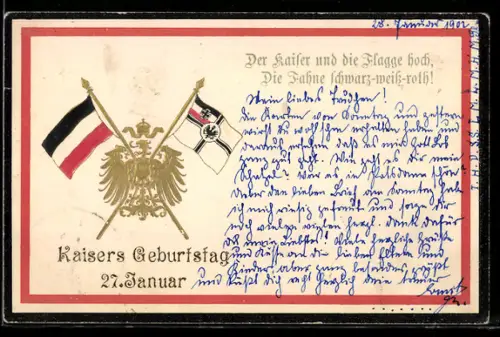 AK Kopfprofil Kaiser Wilhelm II., Kaisergeburtstag 27. Januar, Nationalfahne und Reichskriegsflagge