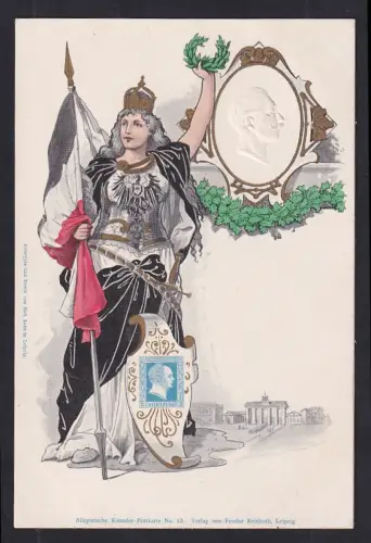 AK Germania mit Briefmarke der Deutschen Reichspost, Seitenprofil von Kaiser Wilhelm II.