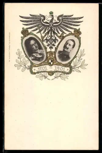AK Portraits Kaiser Wilhelm II. und König Friedrich I. in Preussen, 200-jähriges Bestehen vom Königreich Preussen