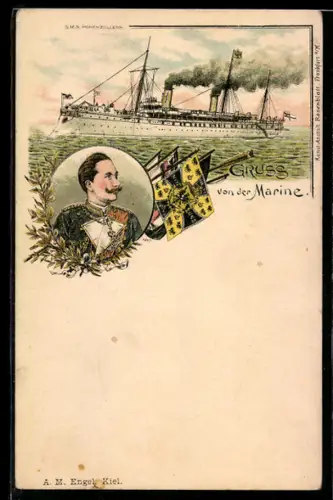 Lithographie Portrait Kaiser Wilhelm II. in Uniform, Kaiserliche Yacht Hohenzollern auf See