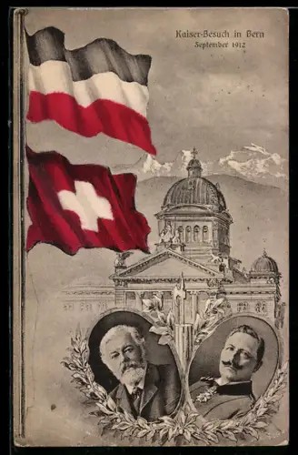 AK Bern, Kaiserbesuch 1912, Bundeshaus, Portraits von Kaiser und Schweizer Präsident Dr. Ludwig Forrer, Fahnen