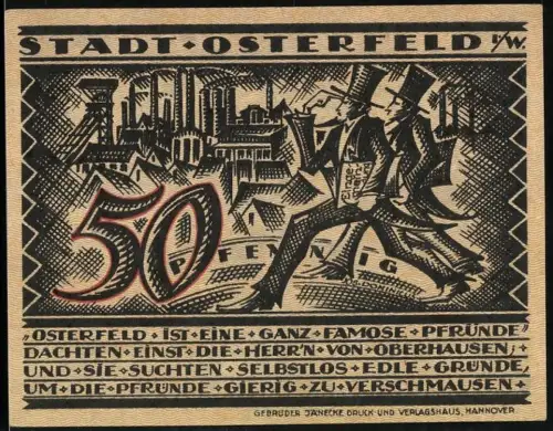 Notgeld Osterfeld i. W., 50 Pfennig, Bergmann mit Förderwagen und Industrielandschaft