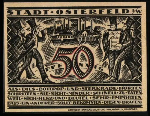 Notgeld Osterfeld i. W. 1921, 50 Pfennig, Ortsansicht und Bergmann mit Lore