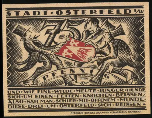 Notgeld Osterfeld i.W. 1921, 75 Pfennig, Stadtwappen mit Hunden und Bergmann mit Lore