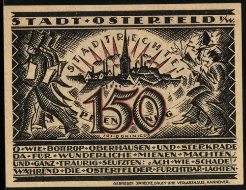 Notgeld Osterfeld i. Westf. 1921, 150 Pfennig, Ortsansicht und Bergmann mit Lore