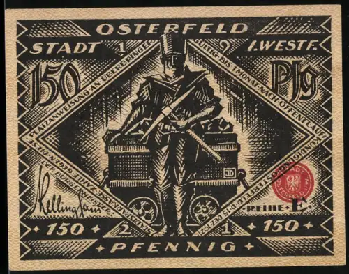 Notgeld Osterfeld i. W. 1921, 150 Pfennig, Bergmann mit Lore und Zugmotiv mit Reisenden