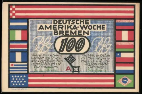 Notgeld Bremen 1923, 100 Pfennig, Deutsche Amerika-Woche mit Flaggen und Bremer Rathaus